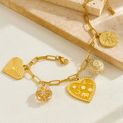 Coquette Heart Flower Gold Charm Bracelet - Womens