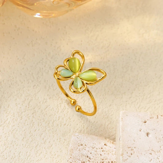 Y2K Butterfly Adjustable Gold and Green Ring - Womens