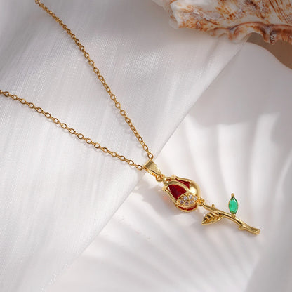Zircon Tulip Flower Pendant Necklace - Pink, Red & White - Womens