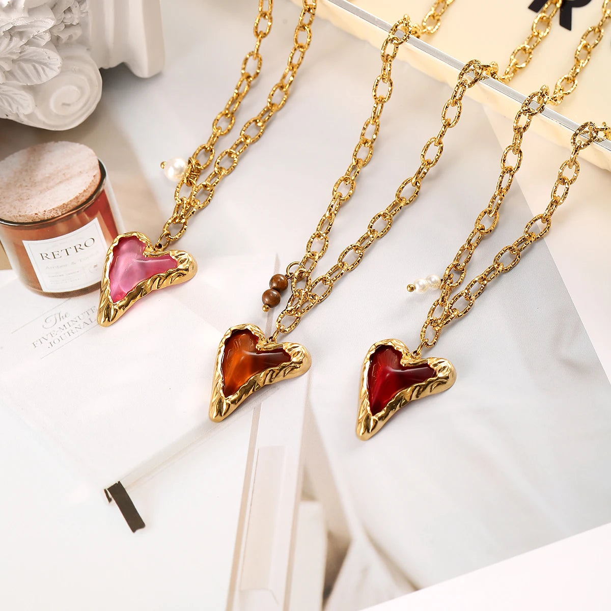 Y2K Pearl Heart Gold Pendant Necklace - Stainless Steel - Womens