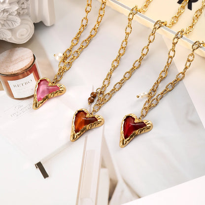 Y2K Pearl Heart Gold Pendant Necklace - Stainless Steel - Womens