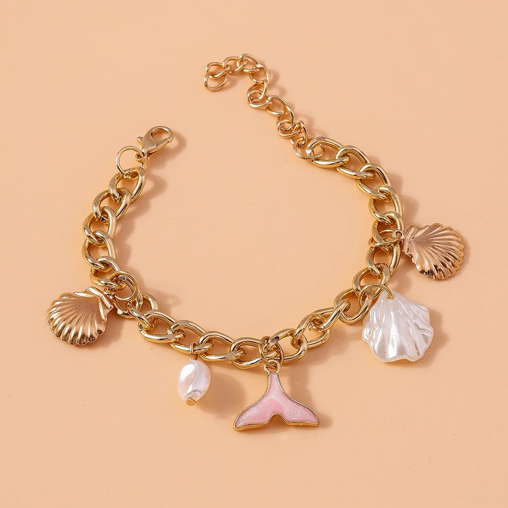 Mermaid Beach Shell Pearl Gold Charm Bracelet - Womens - Adjustable