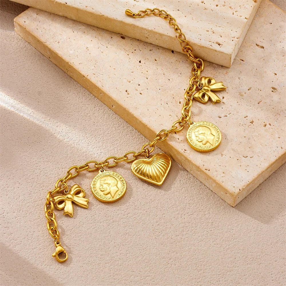 Vintage Bow Heart and Coin Gold Pendant Charm Bracelet - Womens