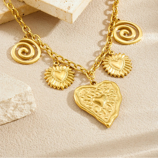 Spiral Heart Gold Pendant Charm Necklace - Womens
