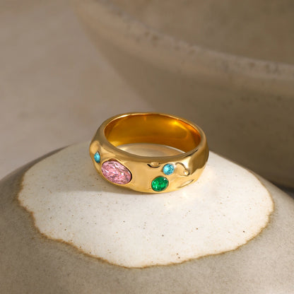 Zirconia Boho Pink, Blue & Green Gemstone Gold Ring - Stainless Steel - Womens