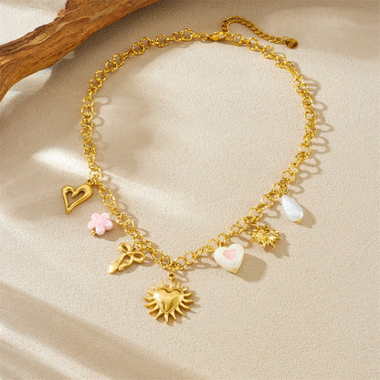 Heart Bow Flower Sun Pendant Gold Charm Necklace - Stainless Steel - Womens