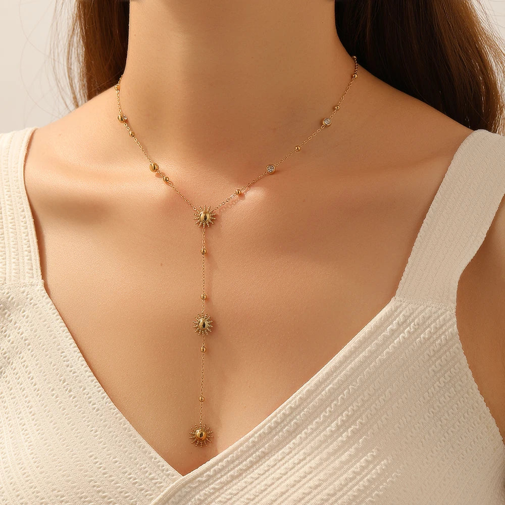 Zircon Gemstone Sun Pendant Lariat Gold Charm Necklace - Stainless Steel - Womens