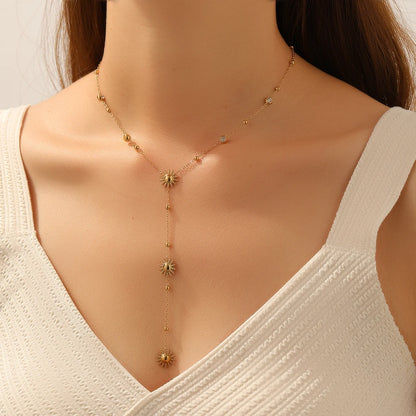Zircon Gemstone Sun Pendant Lariat Gold Charm Necklace - Stainless Steel - Womens