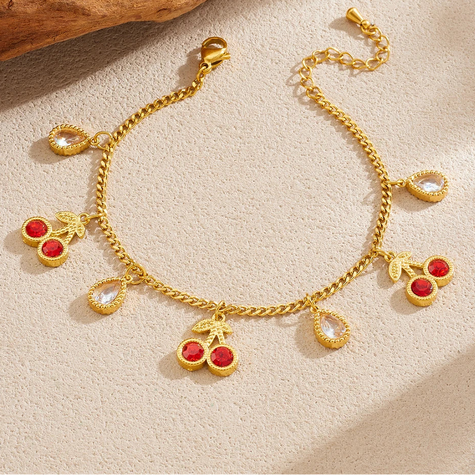 Red Zircon Inlay Cherry Gemstone Gold Charm Bracelet - Stainless Steel - Womens
