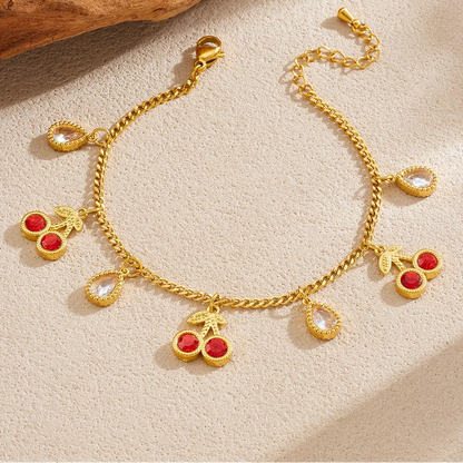 Red Zircon Inlay Cherry Gemstone Gold Charm Bracelet - Stainless Steel - Womens