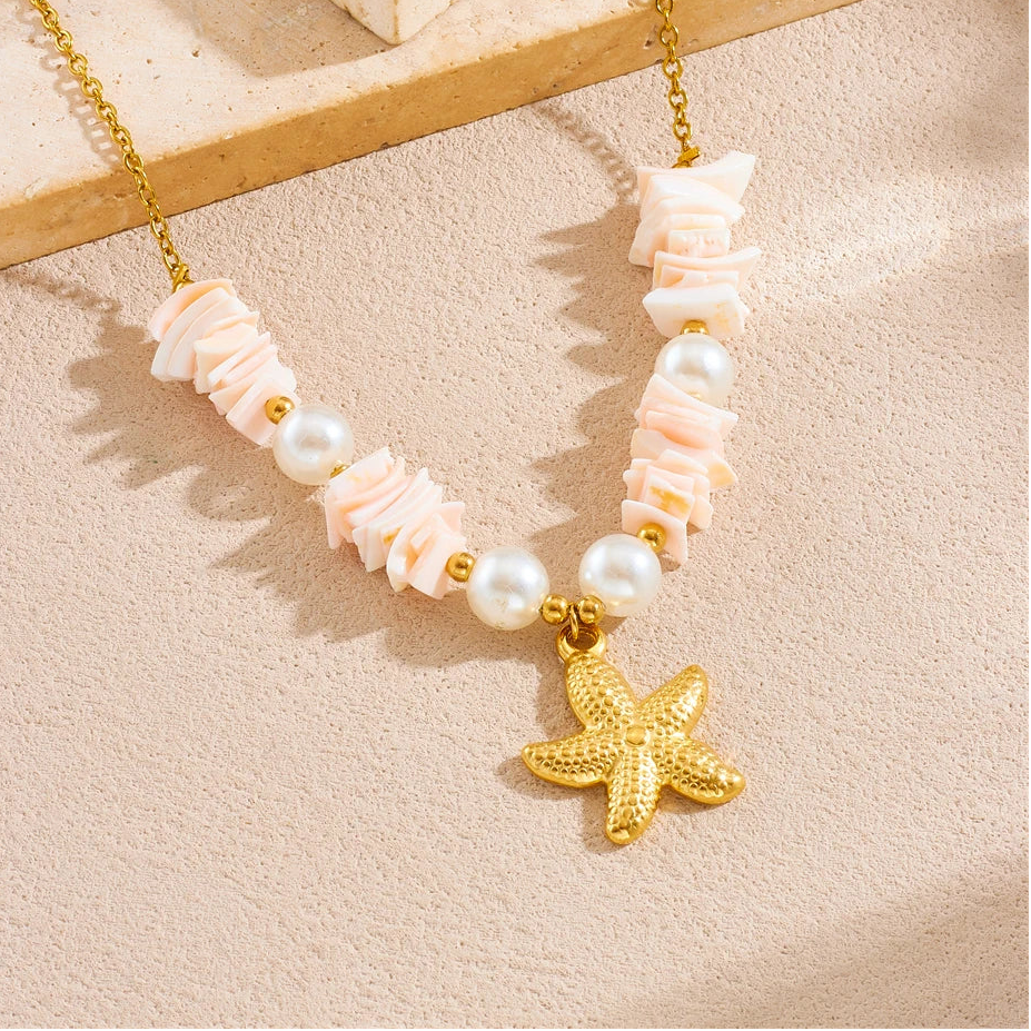 Boho Beach Seashell Starfish Pearl Gold Pendant Necklace - Womens