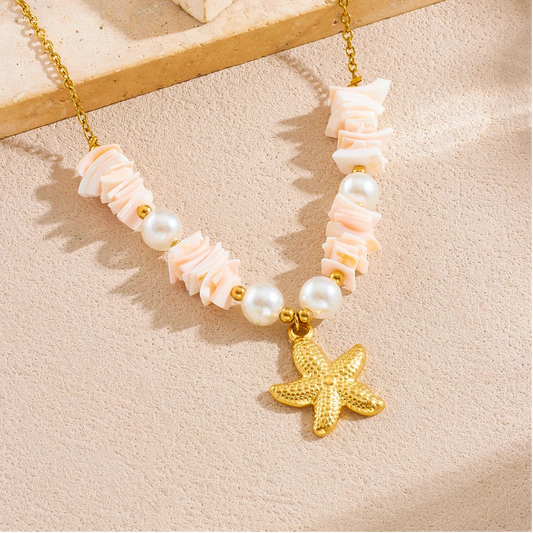 Boho Beach Seashell Starfish Pearl Gold Pendant Necklace - Womens