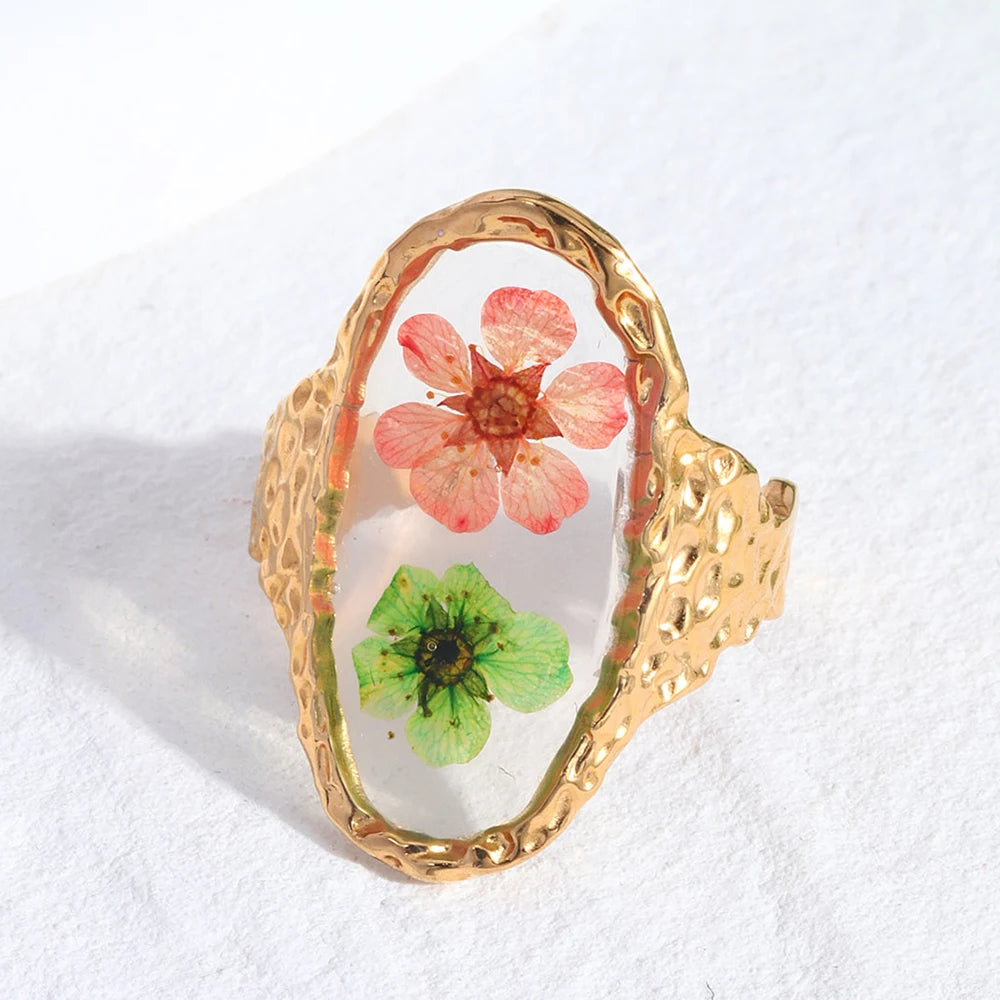 Vintage Pressed Flower Resin Adjustable Gold Ring - Womens