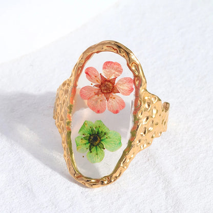 Vintage Pressed Flower Resin Adjustable Gold Ring - Womens
