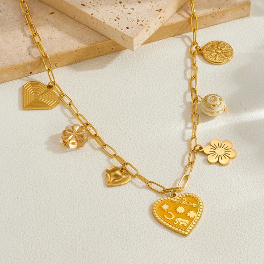 Coquette Heart Flower Sun Gold Pendant Charm Necklace - Womens