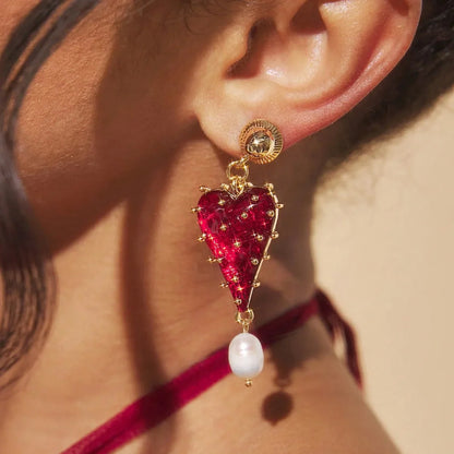 Baroque Red and Gold Heart Pearl Valentine's Day Dangle Earrings - Womens
