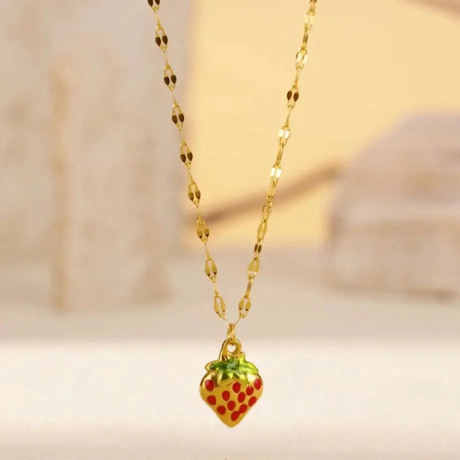 Strawberry Fruit Gold Chain Pendant Necklace - Womens