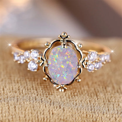 White Fire Opal Gemstone Gold Ring - Womens