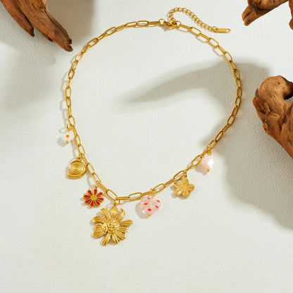 Coquette Flower Conch Seashell Heart Pendant Gold Charm Necklace - Stainless Steel - Womens