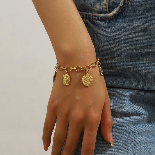 Coquette Sun and Heart Pendant Gold Charm Bracelet - Stainless Steel - Womens