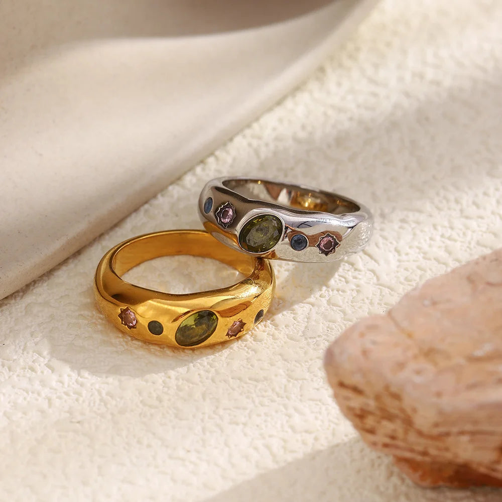 Cubic Zirconia Pink Blue & Green Gemstone Ring - Gold & Silver - Stainless Steel - Womens