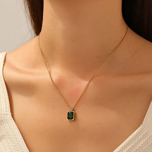 Zircon Emerald Pendant Gold Charm Necklace - Stainless Steel - Womens