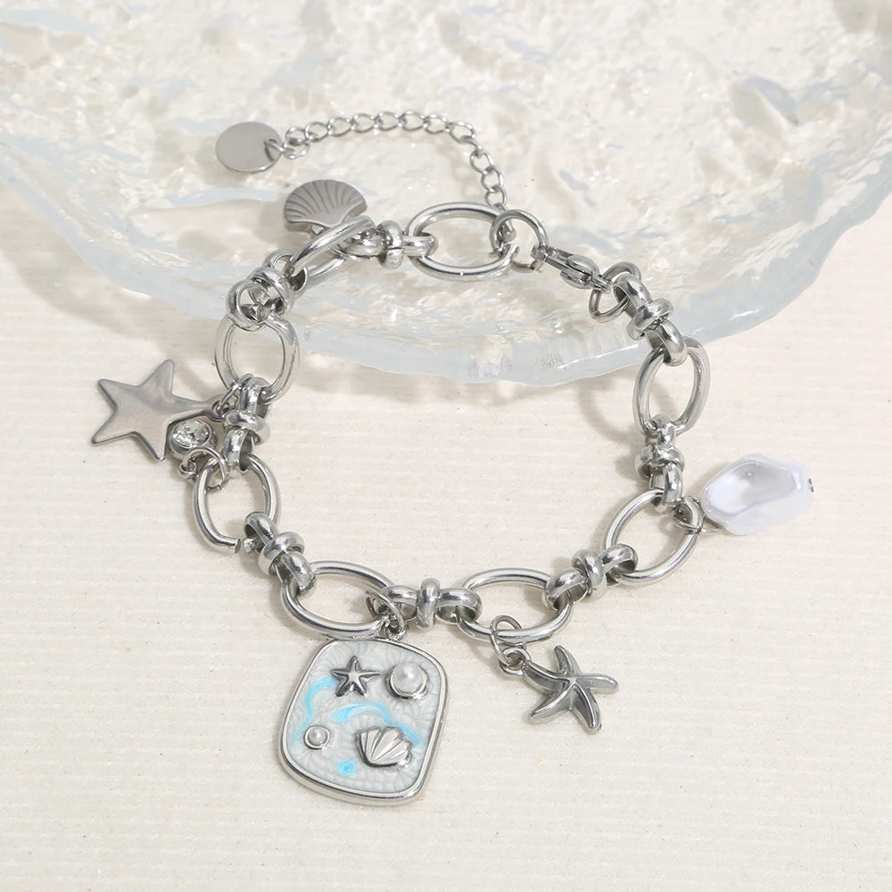Boho Beach Shell Star Silver Chain Charm Bracelet - Womens