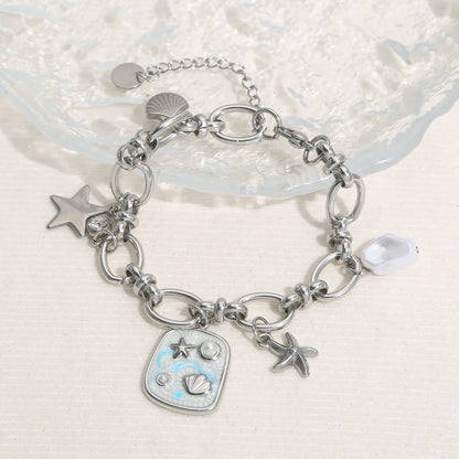 Boho Beach Shell Star Silver Chain Charm Bracelet - Womens
