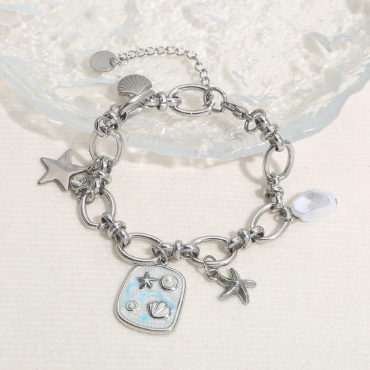 Boho Beach Shell Star Silver Chain Charm Bracelet - Womens