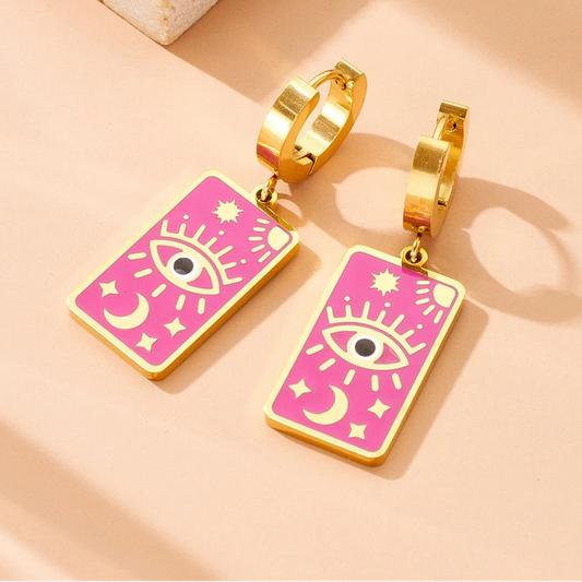 Pink Celestial Evil Eye Sun Moon and Star Tarot Gold Dangle Earrings - Womens