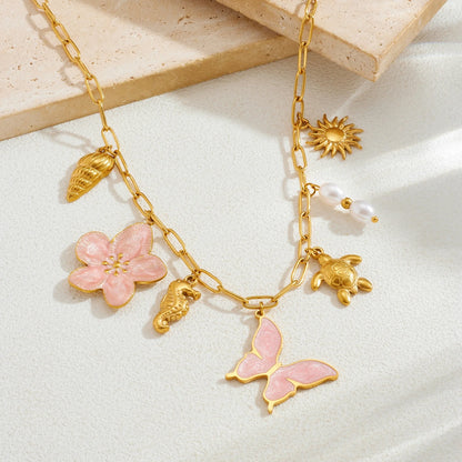 Pink Butterfly Shell Flower Sun Pendant Gold Charm Necklace - Stainless Steel - Womens