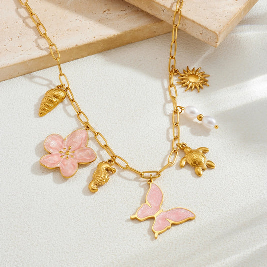 Pink Butterfly Shell Flower Sun Pendant Gold Charm Necklace - Stainless Steel - Womens