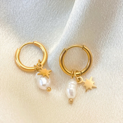 Dainty Star Baroque Pearl Dangle Gold Hoop Earrings - Stainless Steel - Womens