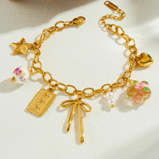 Coquette Bow Star Heart Gold Charm Bracelet - Womens