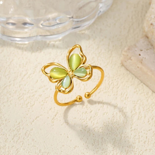 Y2K Butterfly Adjustable Gold and Green Ring - Womens