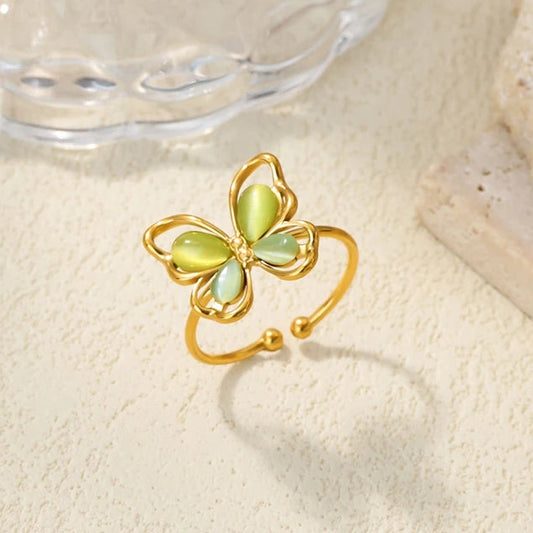 Y2K Butterfly Adjustable Gold and Green Ring - Womens