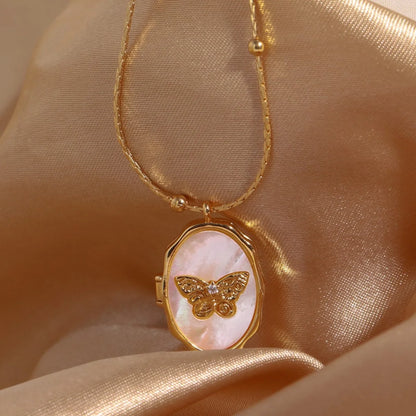Butterfly Seahell Photo Locket Gold Pendant Necklace - Womens