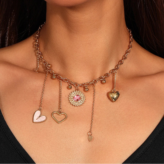 Y2K Love Heart Pink & Gold Pendant Charm Necklace - Womens