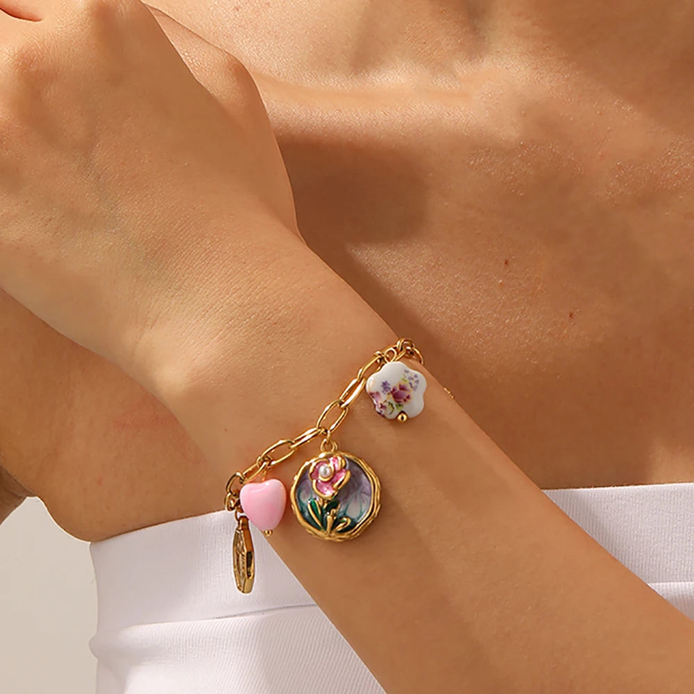 Coquette Flower Butterfly Heart Gold Charm Bracelet - Womens