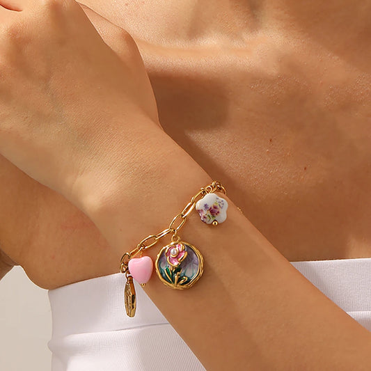 Coquette Flower Butterfly Heart Gold Charm Bracelet - Womens