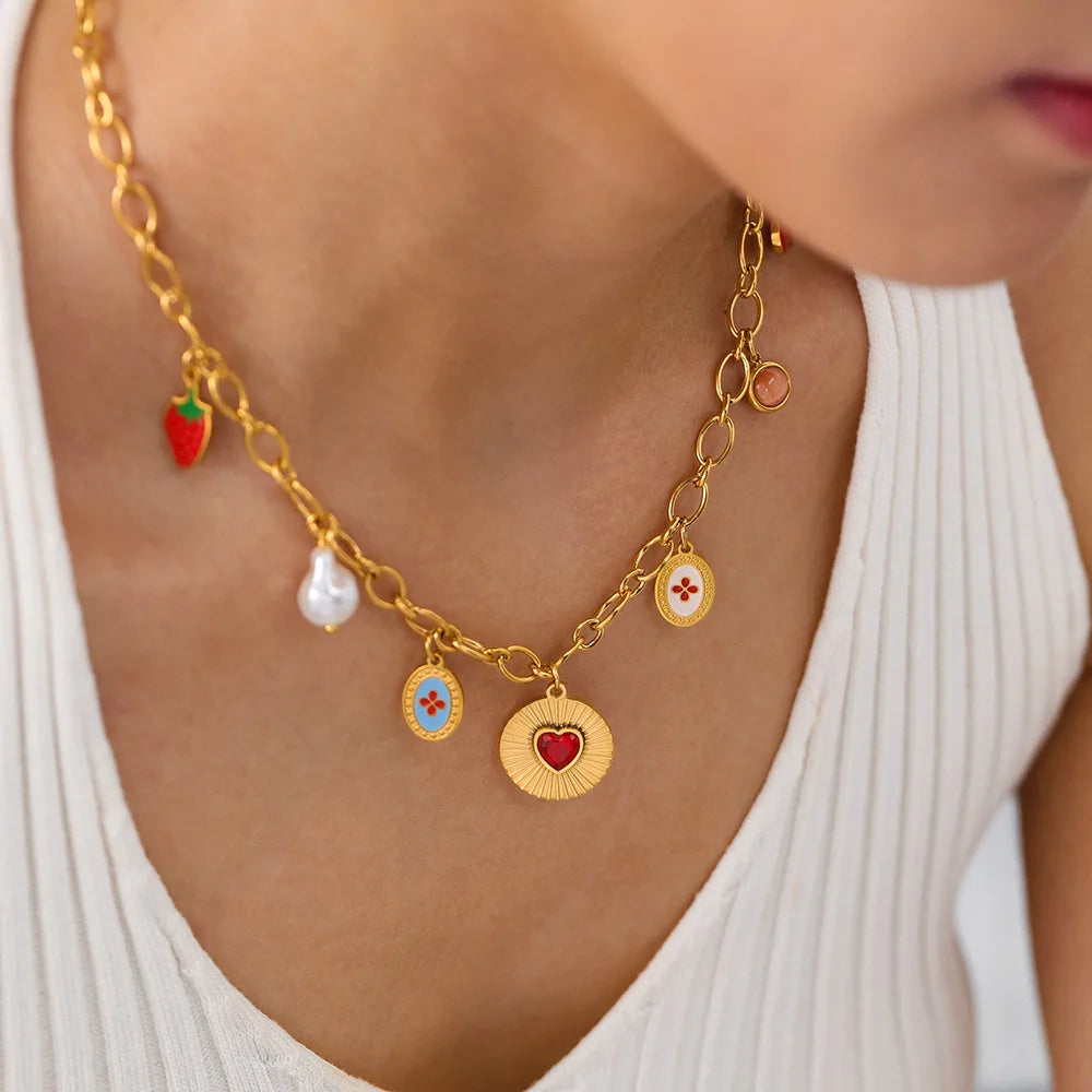Ruby Strawberry Cherry Pearl Heart Pendant Gold Charm Necklace - Stainless Steel - Womens