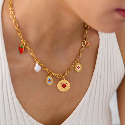 Ruby Strawberry Cherry Pearl Heart Pendant Gold Charm Necklace - Stainless Steel - Womens