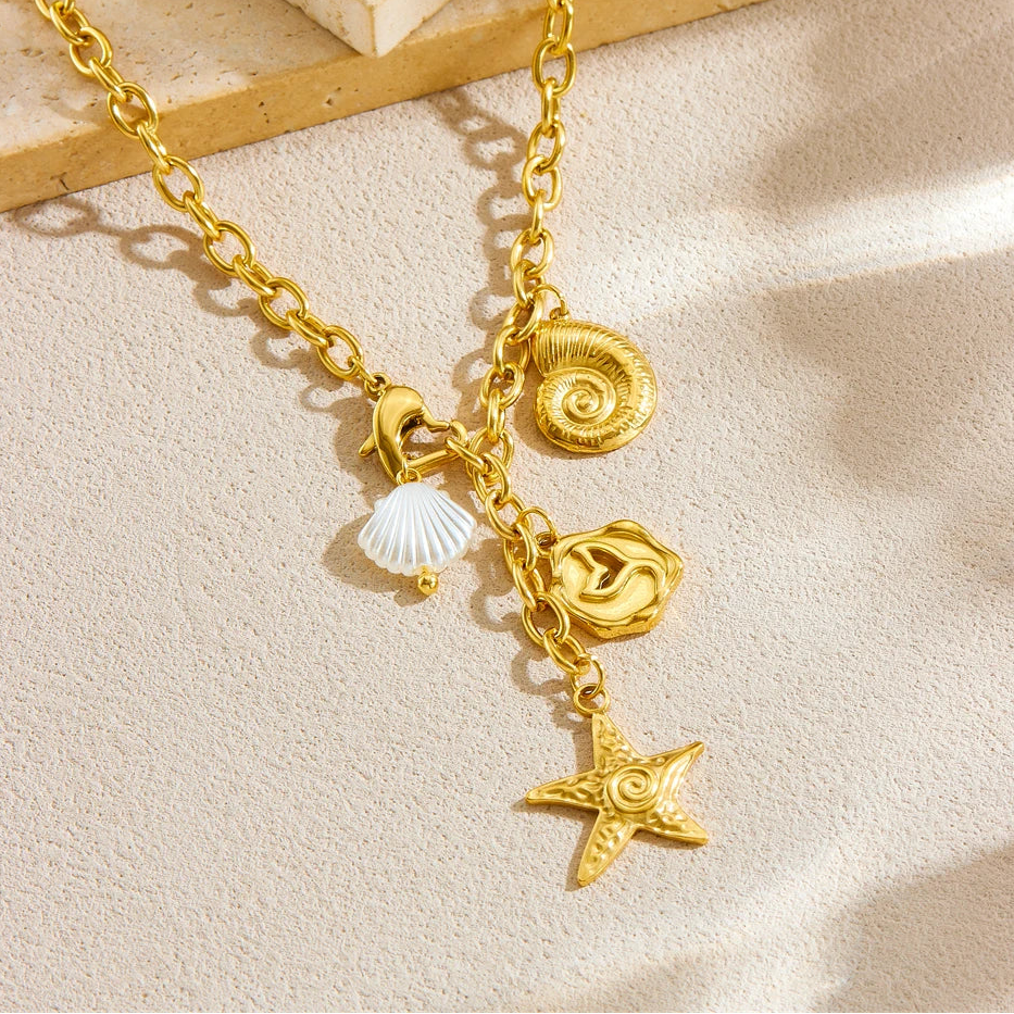 Boho Beach Starfish Conch Seashell Gold Lariat Pendant Charm Necklace - Womens