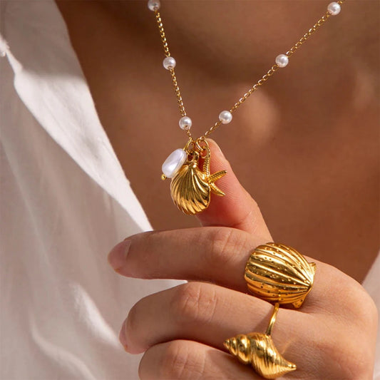 Boho Beach Pearl Shell Gold Charm Necklace - Womens