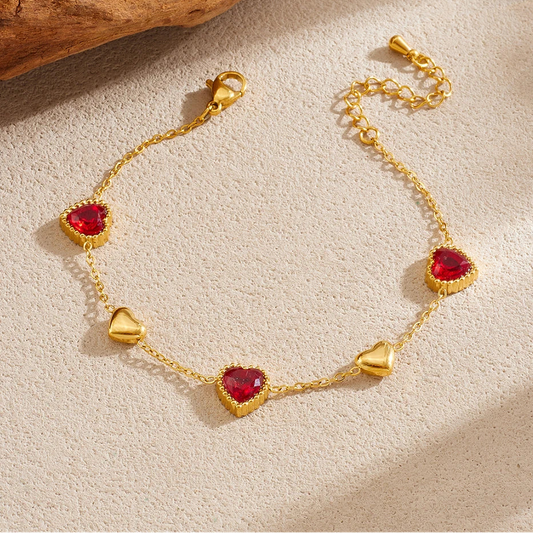Vintage Red Zircon Inlay Heart Gold Charm Bracelet - Womens