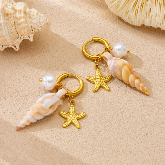 Boho Pearl Starfish Conch Seashell Dangle Gold Hoop Earrings - Womens