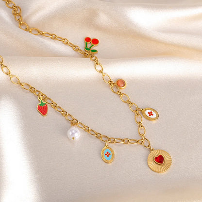 Ruby Strawberry Cherry Pearl Heart Pendant Gold Charm Necklace - Stainless Steel - Womens
