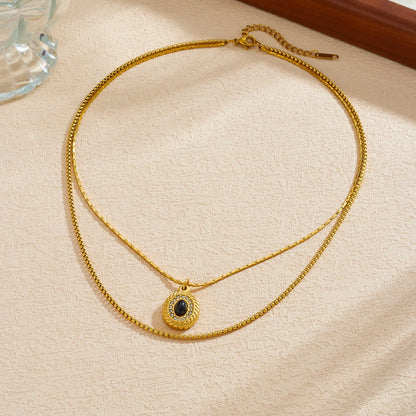 Vintage Black Onyx Gemstone Gold Layered Necklaces - Stainless Steel - Womens