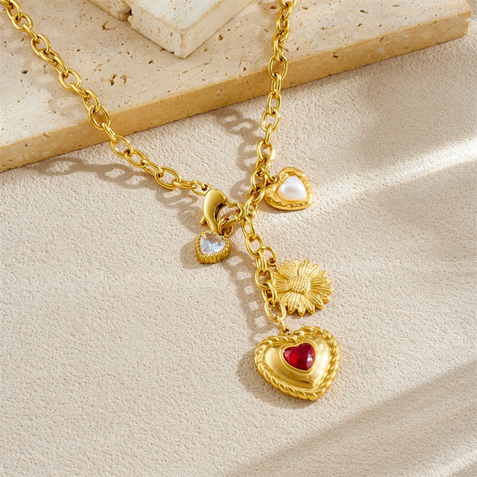 Vintage Zircon Heart Flower Pearl Pendant Gold Charm Necklace - Womens