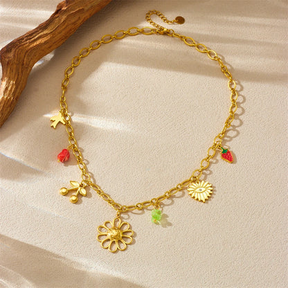 Flower Cherry Strawberry Evil Eye Pendant Gold Charm Necklace - Stainless Steel - Womens